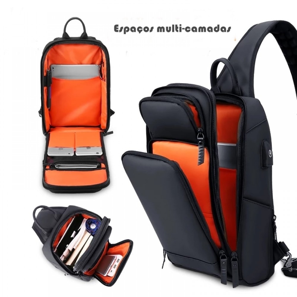 Mochila Masculina Transversal Imperme Vel Usb